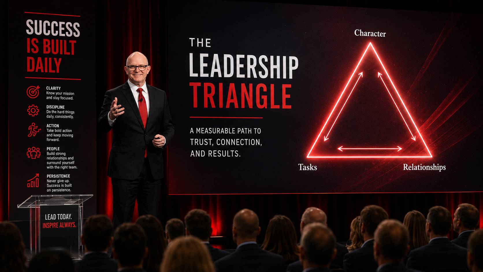 Leadership Triangle presentation with success principles, audience, and a glowing triangle diagram for character, tasks, and relationships